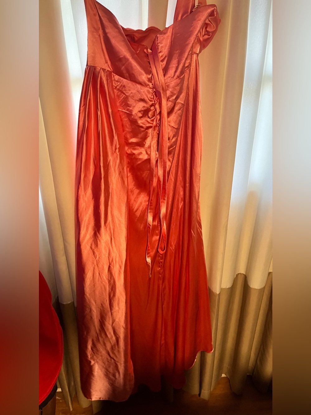Women's Red Satin Maxi Skirt with Tie Detail